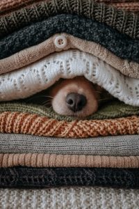 Dog under blankets with nose showing